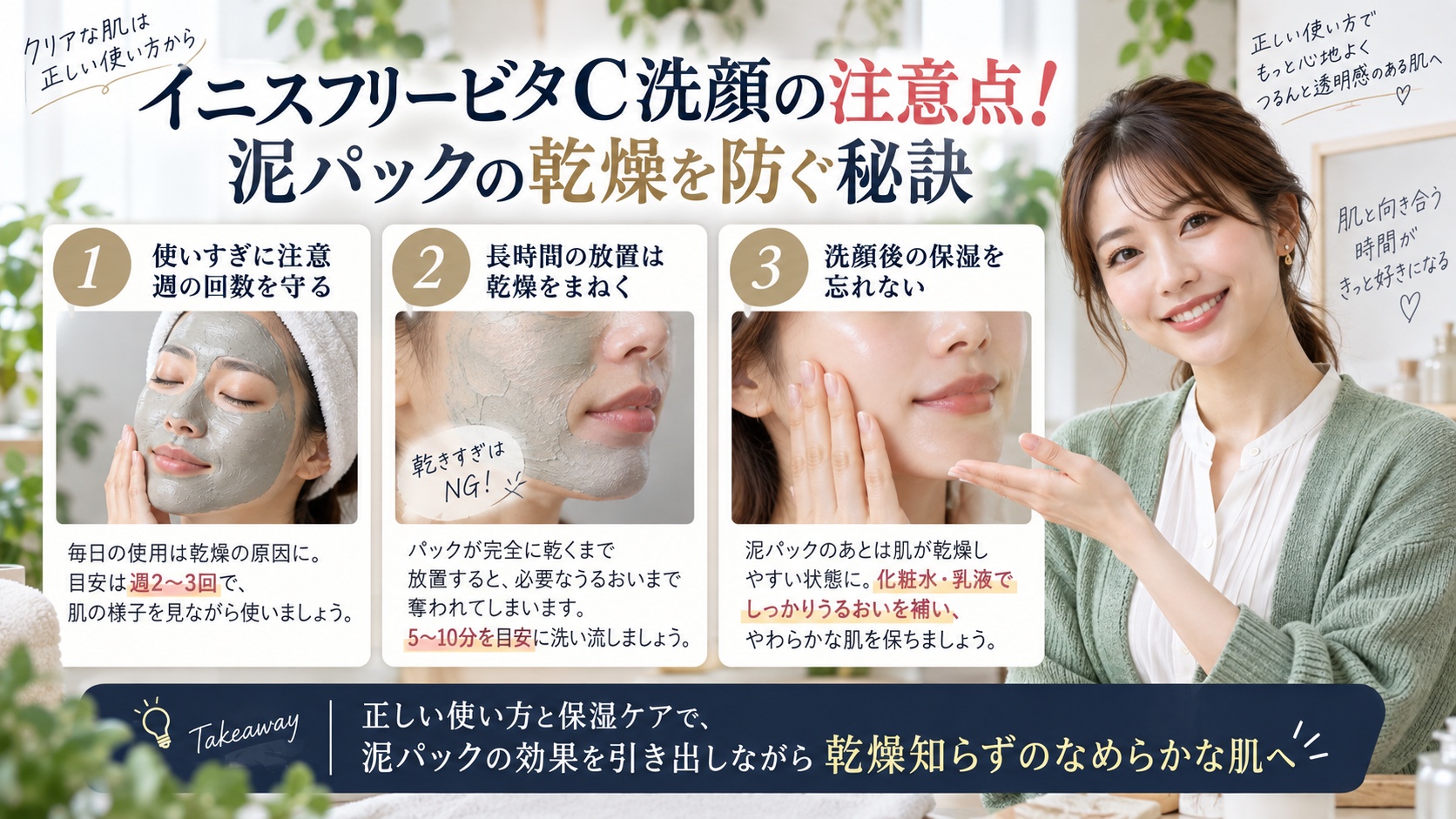 イニスフリービタC洗顔の注意点!泥パックの乾燥を防ぐ秘訣を3ステップで解説するアイキャッチ