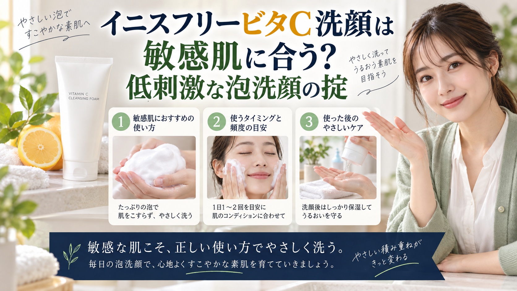 イニスフリービタC洗顔は敏感肌に合う?低刺激な泡洗顔の掟を3ステップで解説するアイキャッチ