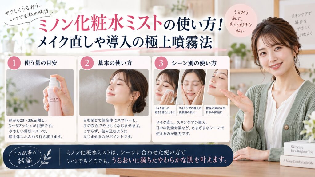 ミノン化粧水ミストの使い方！メイク直しや導入の極上噴霧法を3ステップで解説するアイキャッチ