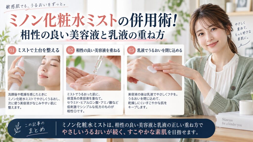 ミノン化粧水ミストの併用術！相性の良い美容液と乳液の重ね方を3ステップで解説するアイキャッチ