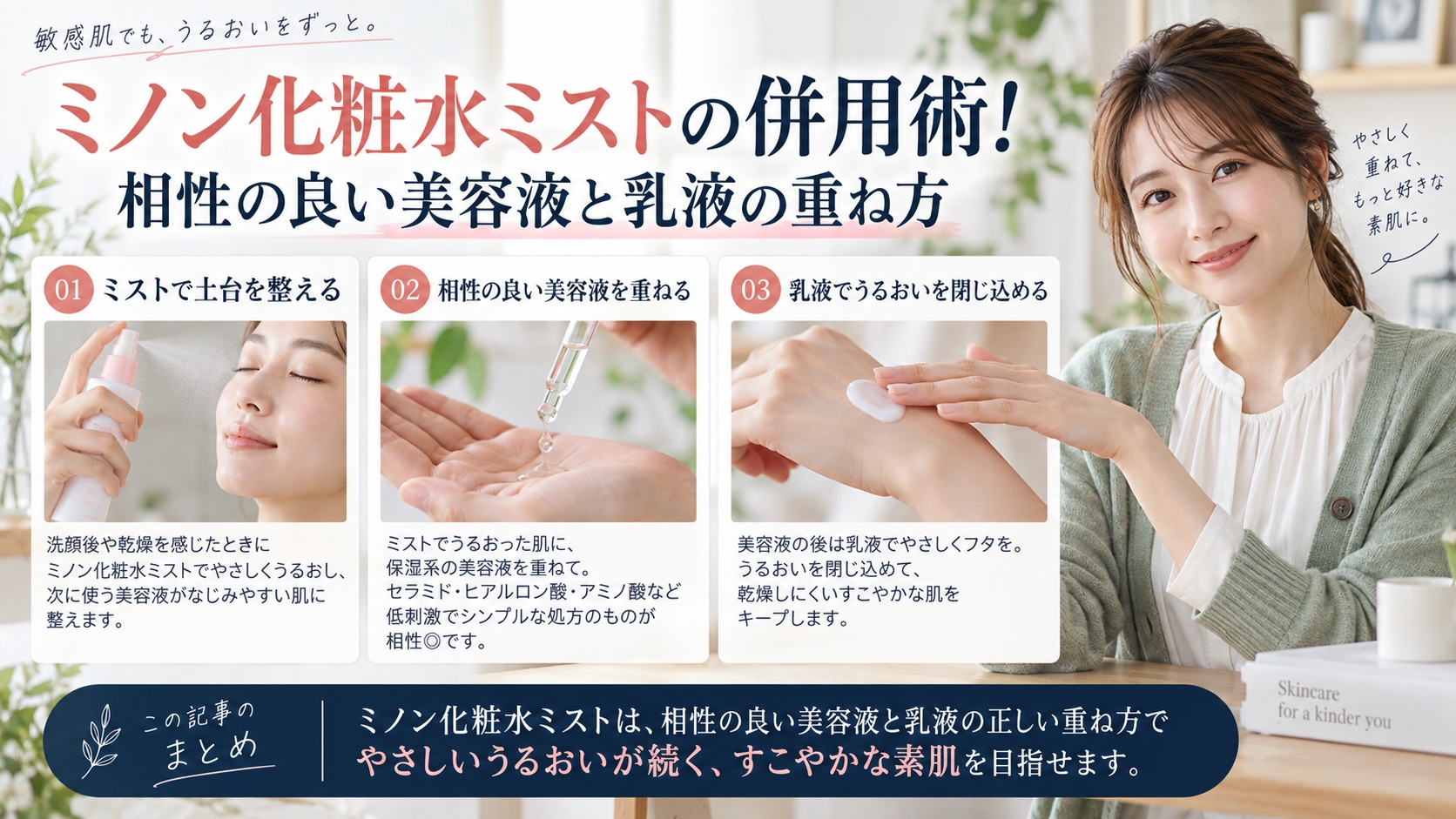 ミノン化粧水ミストの併用術!相性の良い美容液と乳液の重ね方を3ステップで解説するアイキャッチ