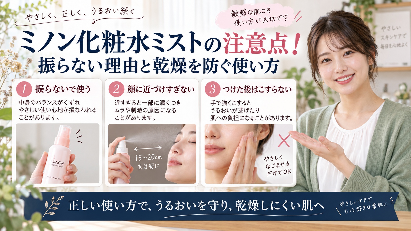 ミノン化粧水ミストの注意点!振らない理由と乾燥を防ぐ使い方を3ステップで解説するアイキャッチ