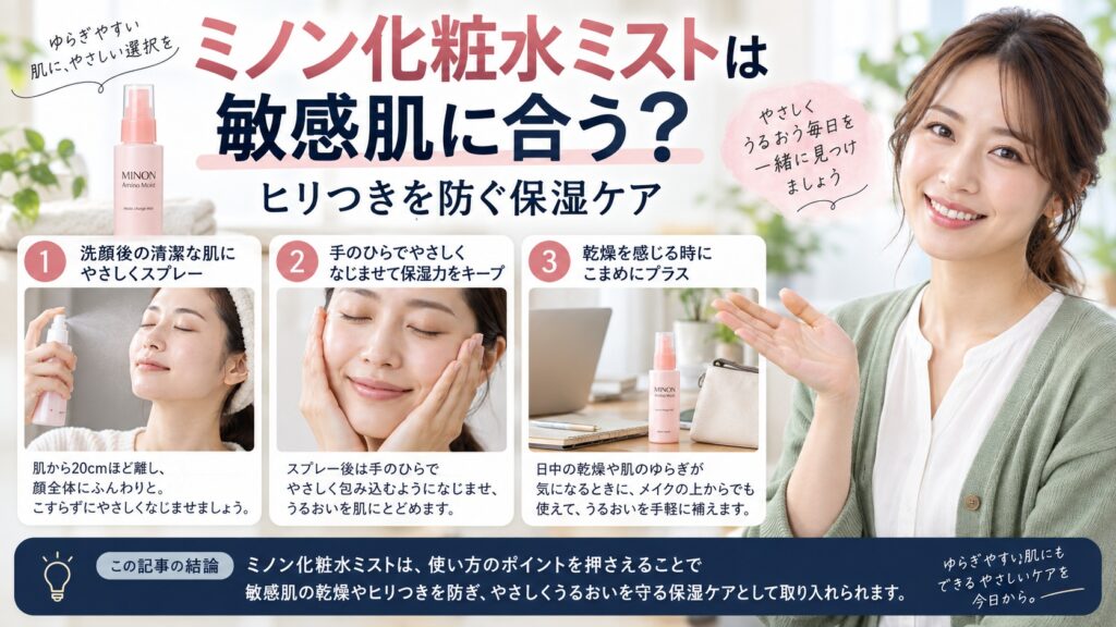 ミノン化粧水ミストは敏感肌に合う？ヒリつきを防ぐ保湿ケアを3ステップで解説するアイキャッチ