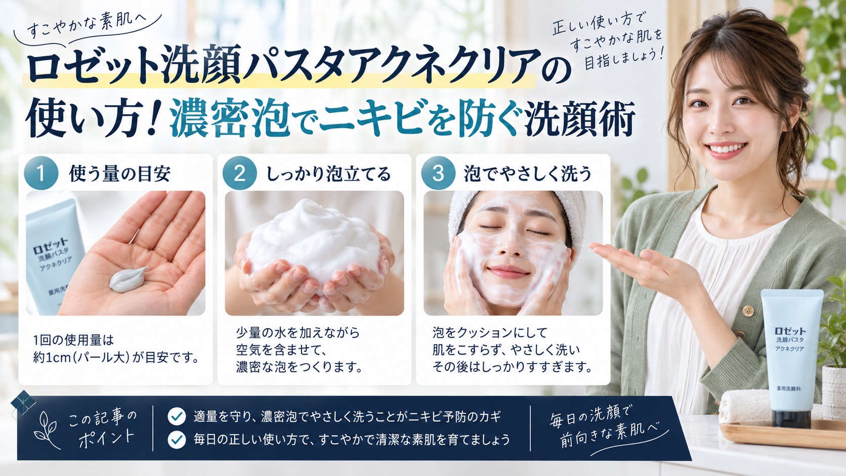 ロゼット洗顔パスタアクネクリアの使い方！濃密泡でニキビを防ぐ洗顔術を3ステップで解説するアイキャッチ
