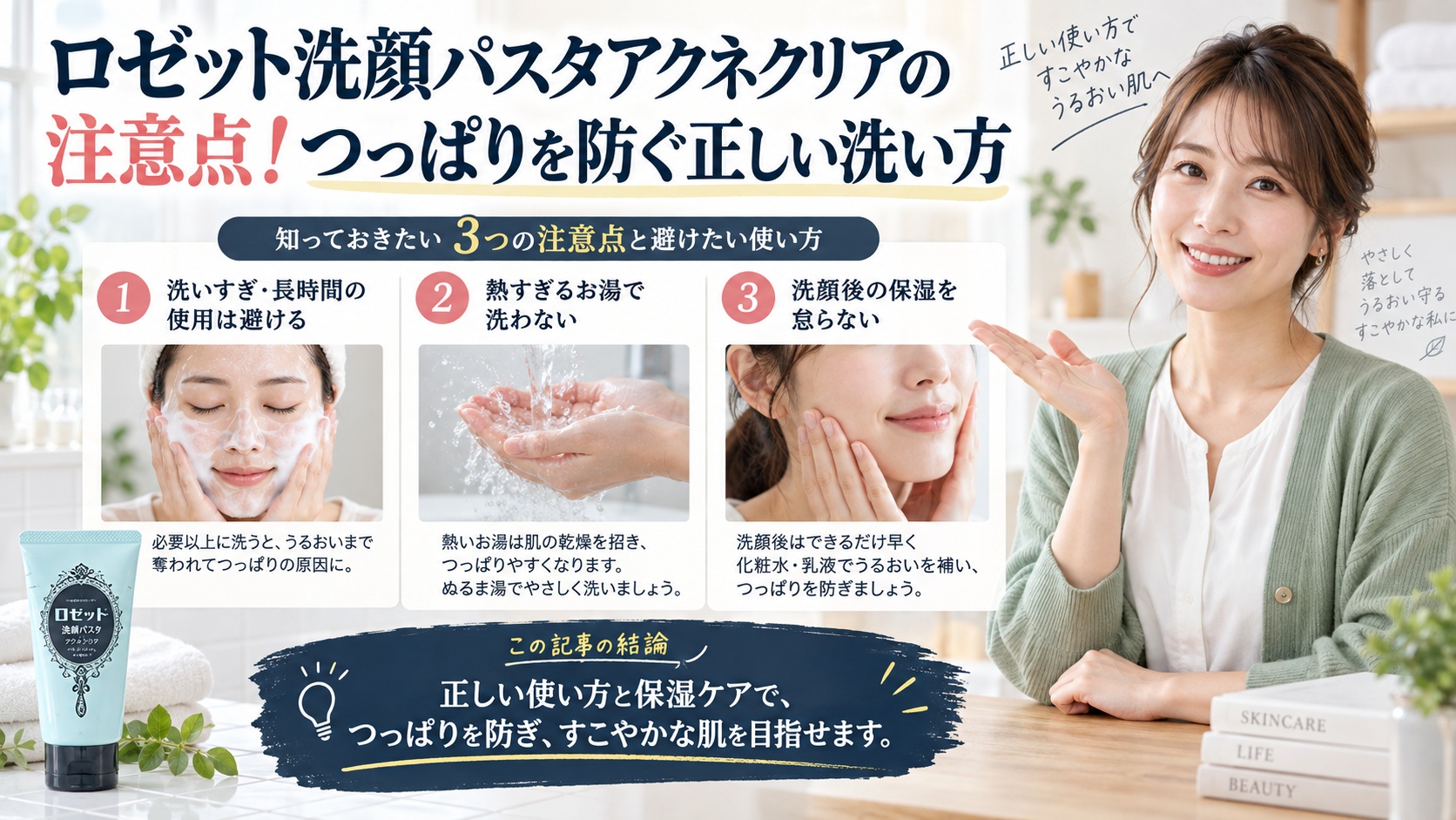 ロゼット洗顔パスタアクネクリアの注意点!つっぱりを防ぐ正しい洗い方を3ステップで解説するアイキャッチ