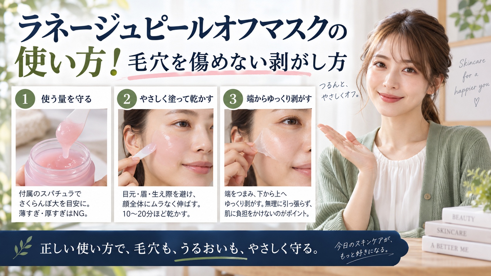 ラネージュピールオフマスクの使い方!毛穴を傷めない剥がし方を3ステップで解説するアイキャッチ