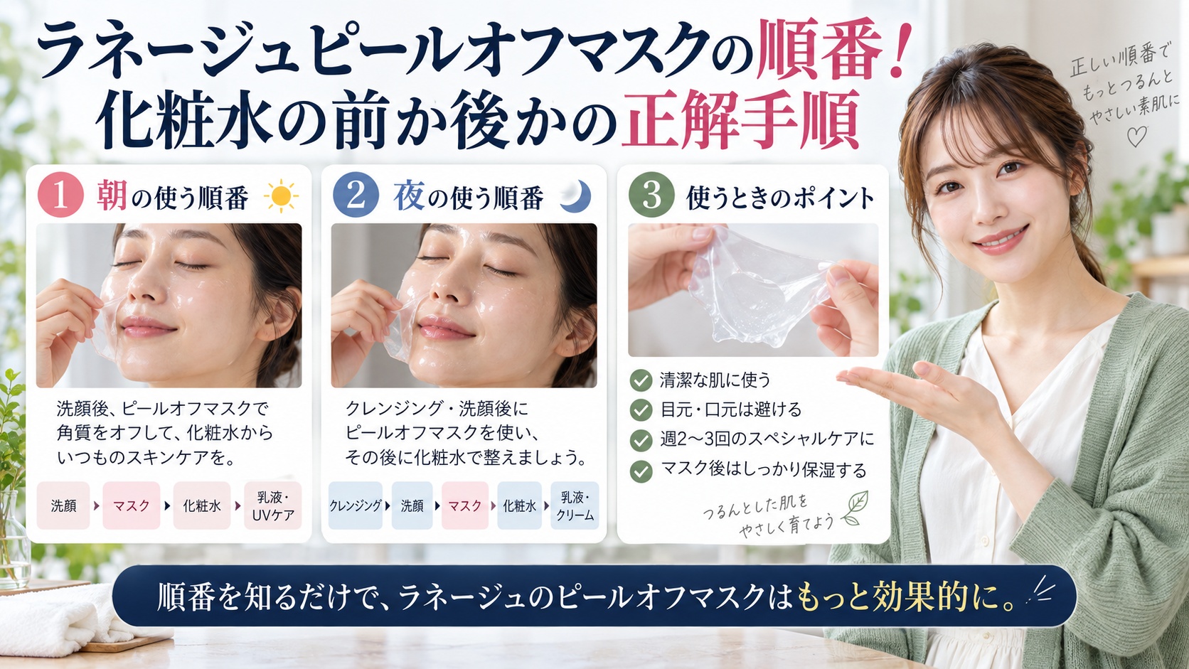 ラネージュピールオフマスクの順番!化粧水の前か後かの正解手順を3ステップで解説するアイキャッチ