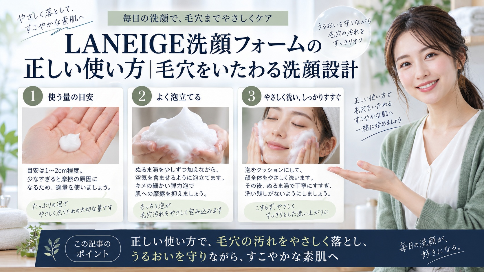 LANEIGE洗顔フォームの正しい使い方｜毛穴をいたわる洗顔設計を3ステップで解説するアイキャッチ