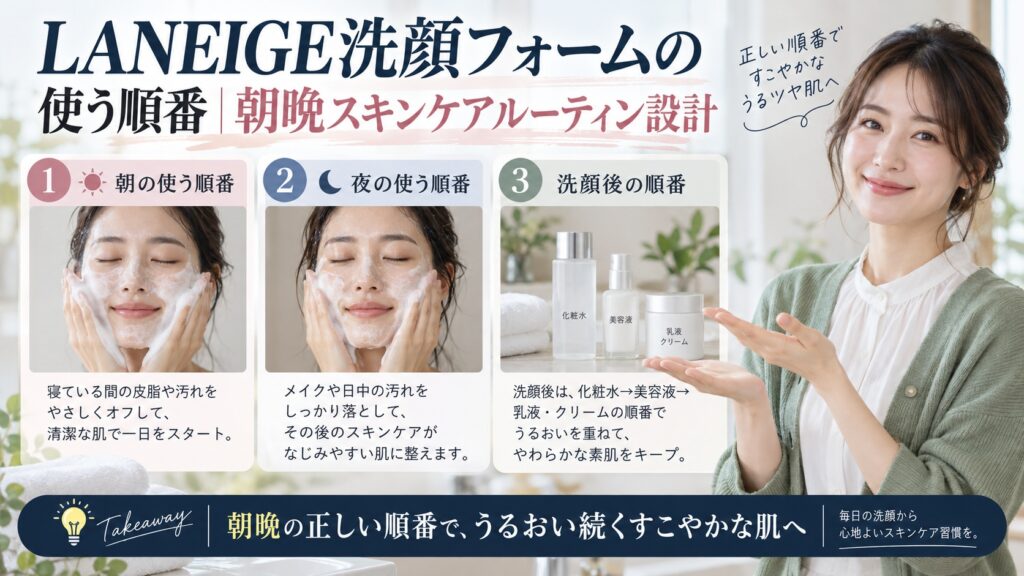 LANEIGE洗顔フォームの使う順番｜朝晩スキンケアルーティン設計を3ステップで解説するアイキャッチ