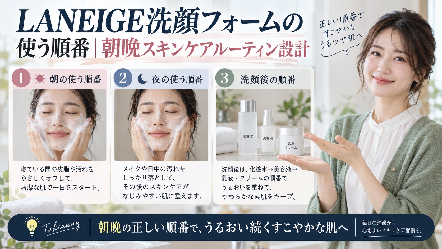 LANEIGE洗顔フォームの使う順番|朝晩スキンケアルーティン設計を3ステップで解説するアイキャッチ