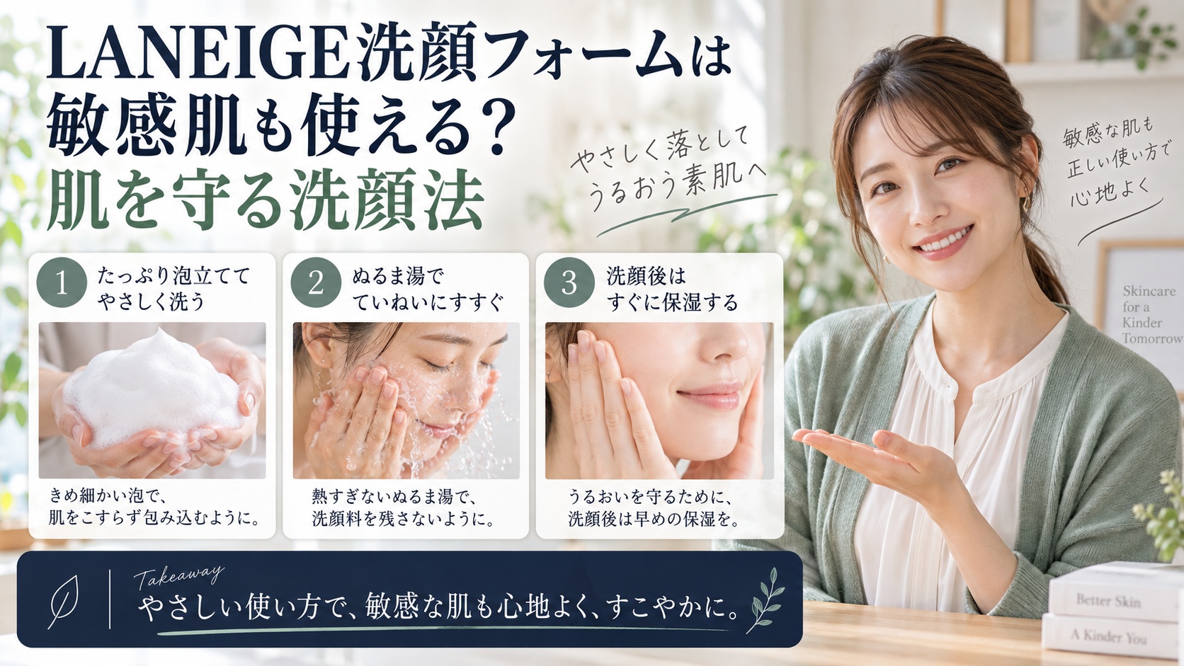 LANEIGE洗顔フォームは敏感肌も使える?肌を守る洗顔法を3ステップで解説するアイキャッチ
