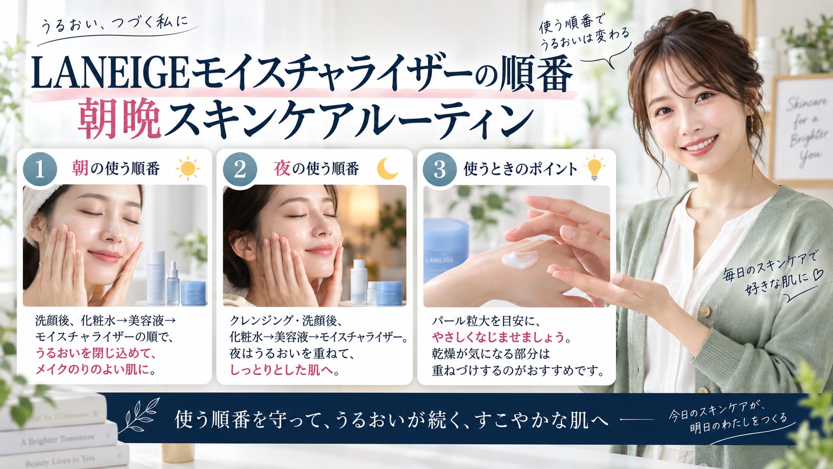LANEIGEモイスチャライザーの順番｜朝晩スキンケアルーティンを3ステップで解説するアイキャッチ
