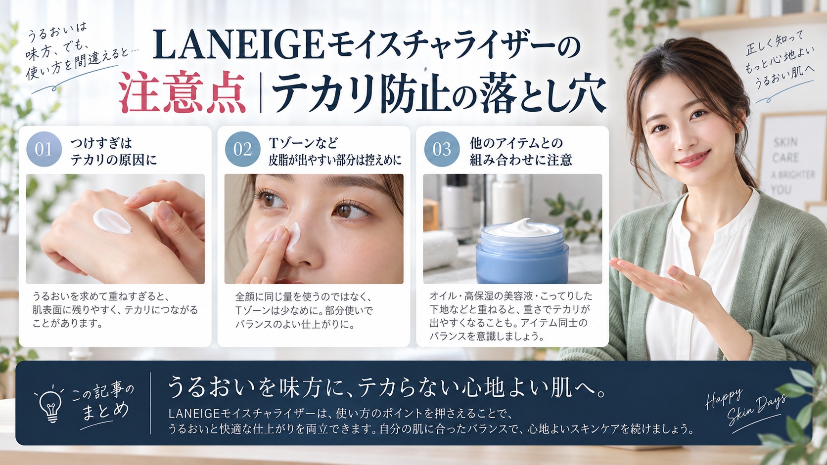 LANEIGEモイスチャライザーの注意点｜テカリ防止の落とし穴を3ステップで解説するアイキャッチ