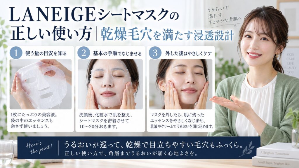 LANEIGEシートマスクの正しい使い方｜乾燥毛穴を満たす浸透設計を3ステップで解説するアイキャッチ
