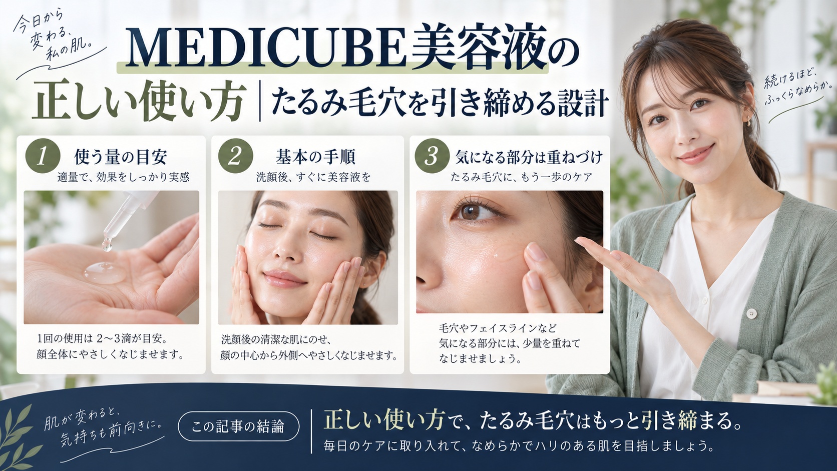 MEDICUBE美容液の正しい使い方｜たるみ毛穴を引き締める設計を3ステップで解説するアイキャッチ