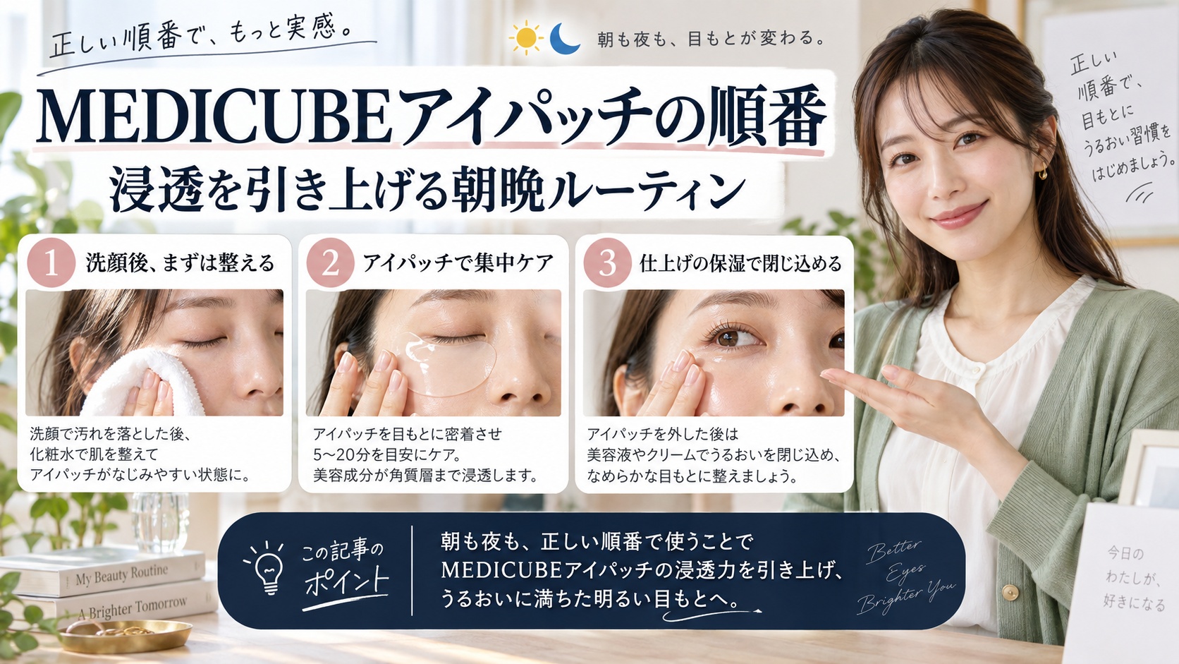 MEDICUBEアイパッチの順番｜浸透を引き上げる朝晩ルーティンを3ステップで解説するアイキャッチ