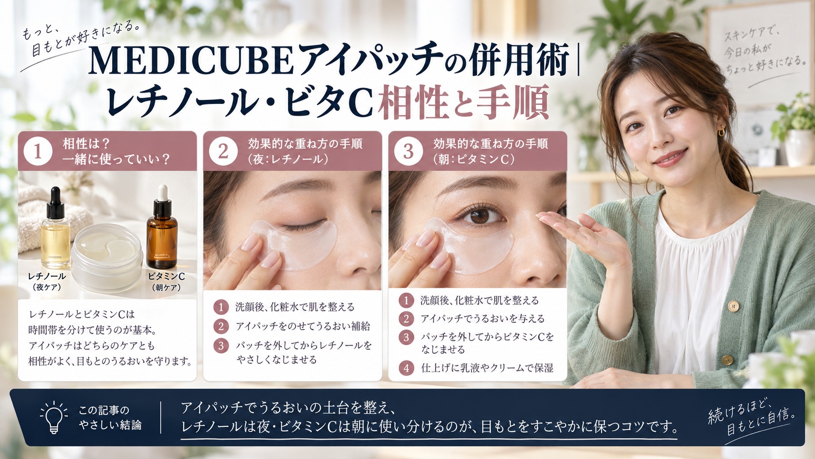 MEDICUBEアイパッチの併用術｜レチノール・ビタC相性と手順を3ステップで解説するアイキャッチ