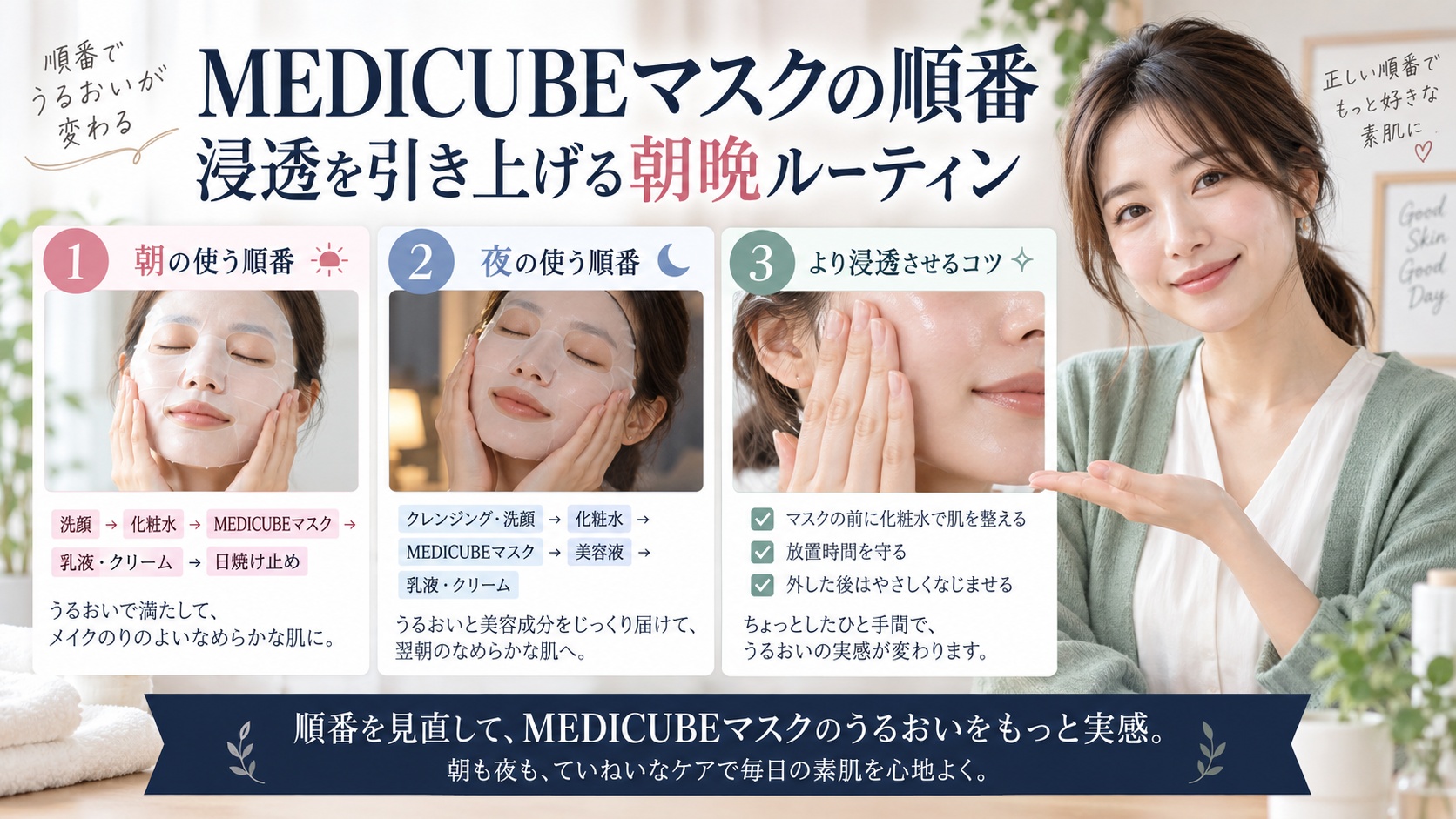 MEDICUBEマスクの順番|浸透を引き上げる朝晩ルーティンを3ステップで解説するアイキャッチ
