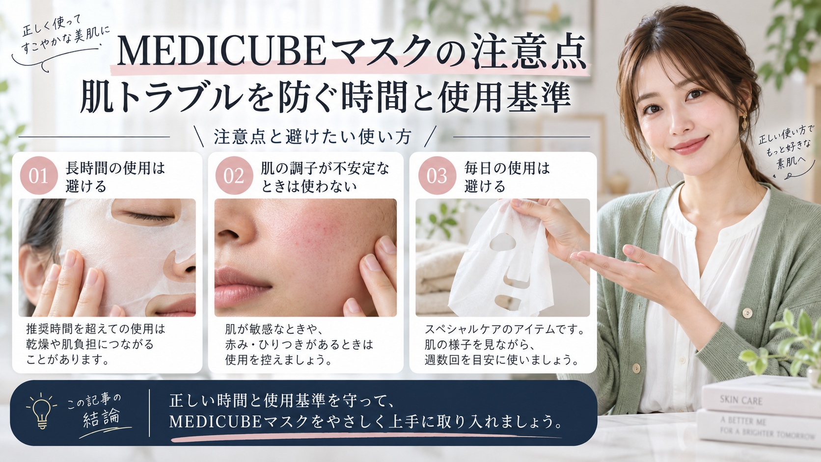 MEDICUBEマスクの注意点｜肌トラブルを防ぐ時間と使用基準を3ステップで解説するアイキャッチ
