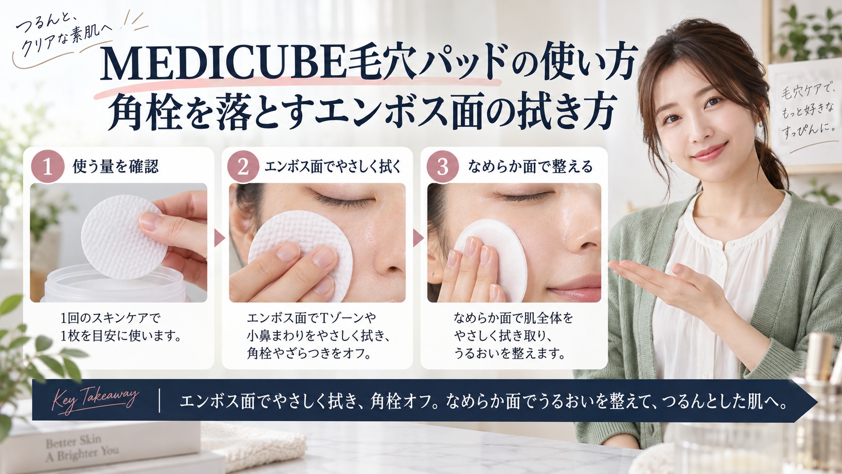 MEDICUBE毛穴パッドの使い方｜角栓を落とすエンボス面の拭き方を3ステップで解説するアイキャッチ