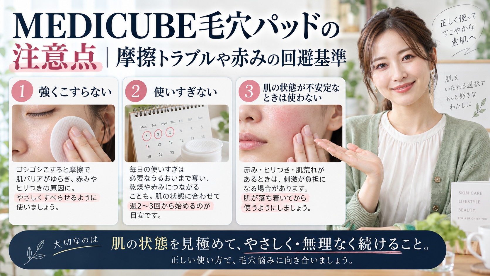MEDICUBE毛穴パッドの注意点|摩擦トラブルや赤みの回避基準を3ステップで解説するアイキャッチ