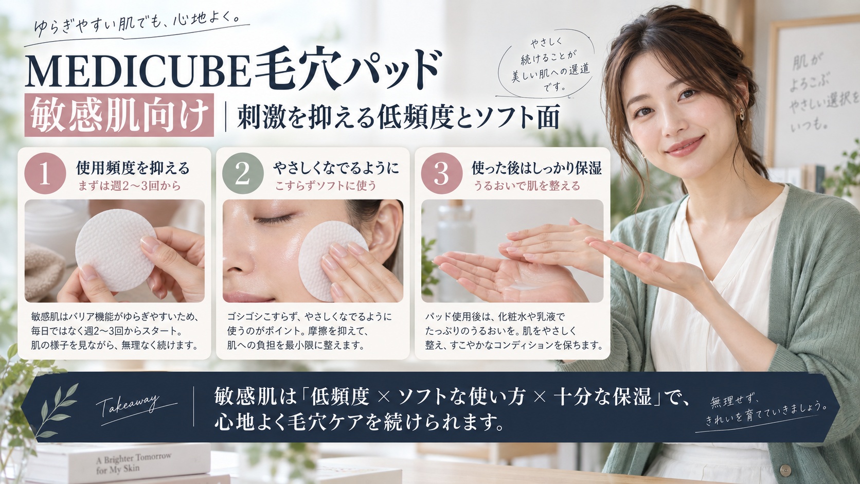 MEDICUBE毛穴パッド敏感肌向け｜刺激を抑える低頻度とソフト面を3ステップで解説するアイキャッチ