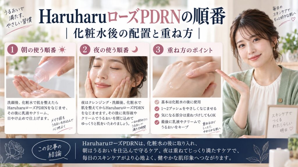 HaruharuローズPDRNの順番｜化粧水後の配置と重ね方を3ステップで解説するアイキャッチ