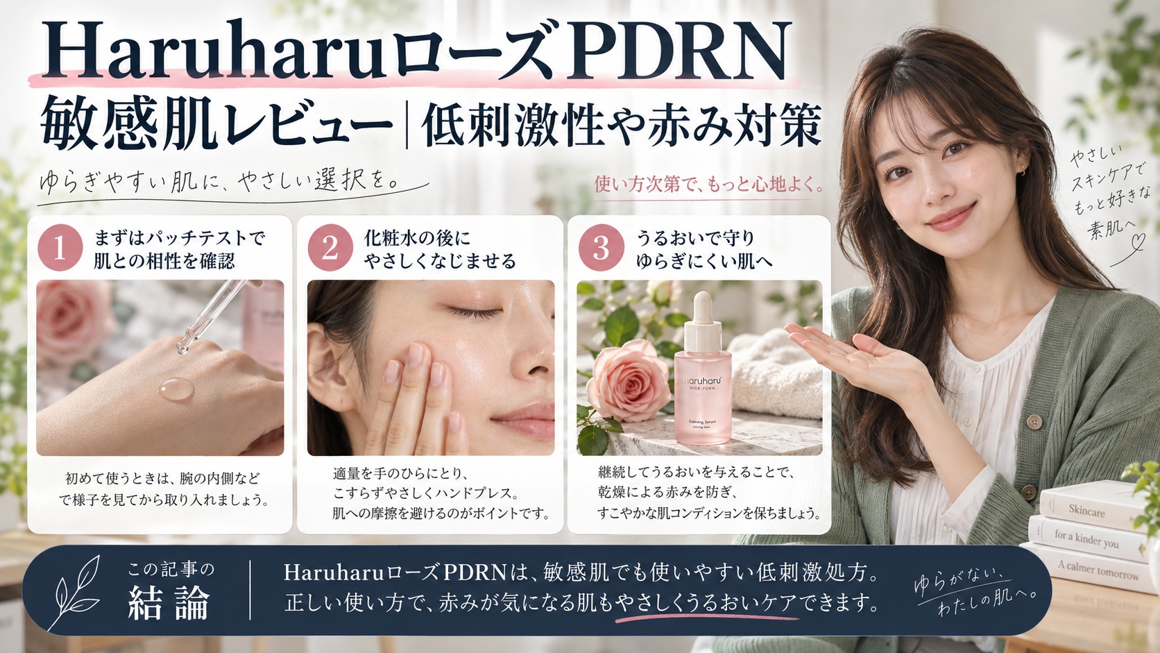 HaruharuローズPDRN敏感肌レビュー|低刺激性や赤み対策を3ステップで解説するアイキャッチ