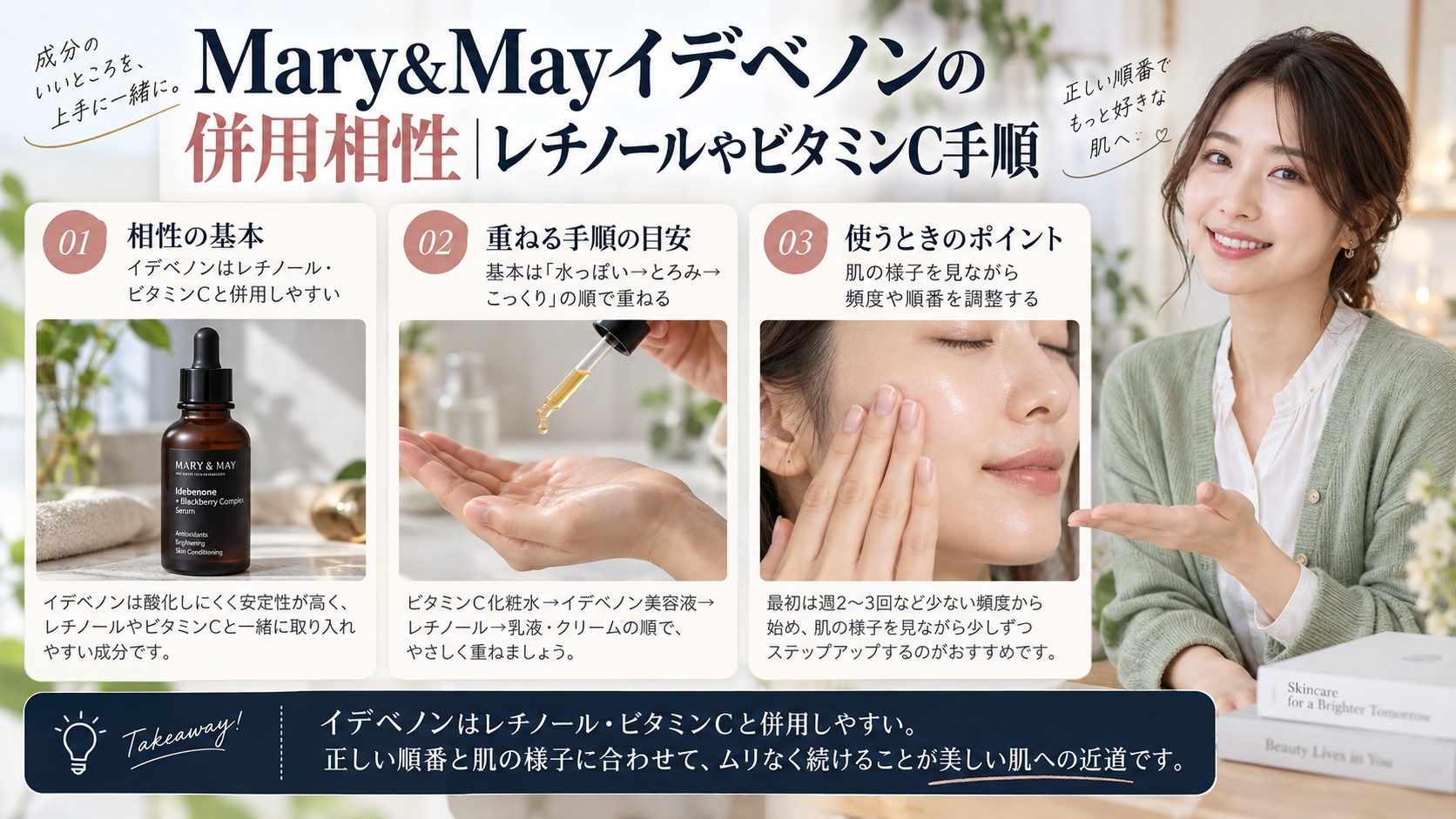 Mary&Mayイデベノンの併用相性｜レチノールやビタミンC手順を3ステップで解説するアイキャッチ