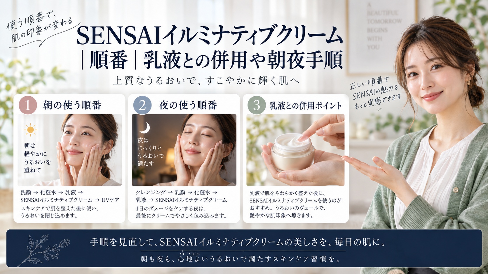 SENSAIイルミナティブクリーム順番|乳液との併用や朝夜手順を3ステップで解説するアイキャッチ
