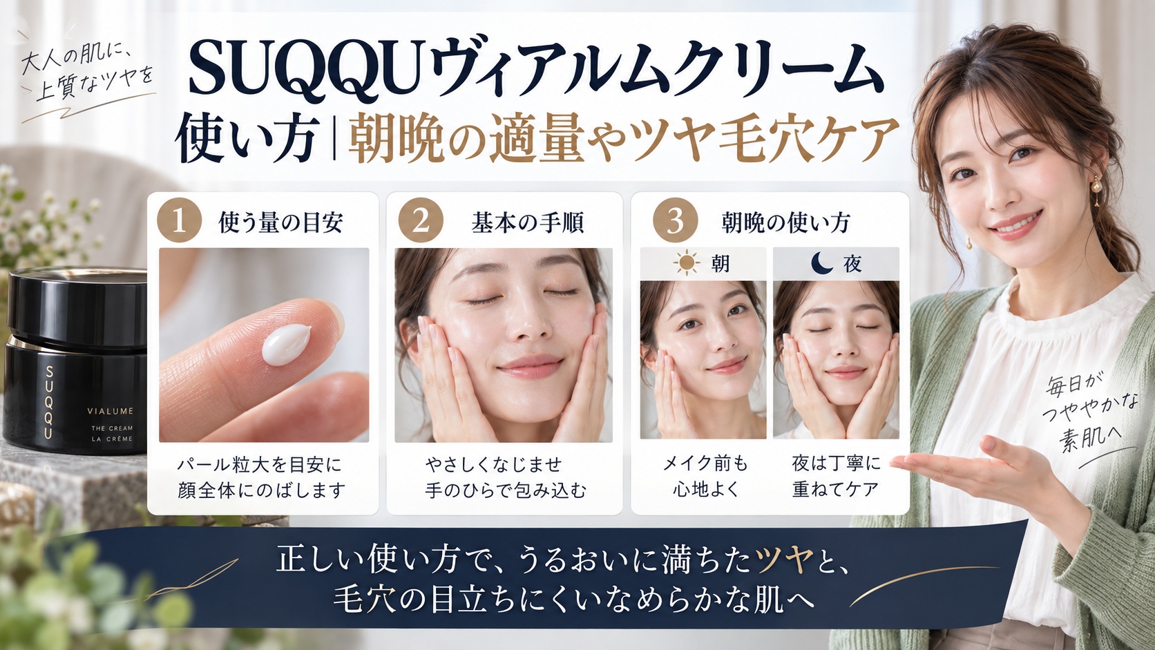 SUQQUヴィアルムクリーム使い方|朝晩の適量やツヤ毛穴ケアを3ステップで解説するアイキャッチ
