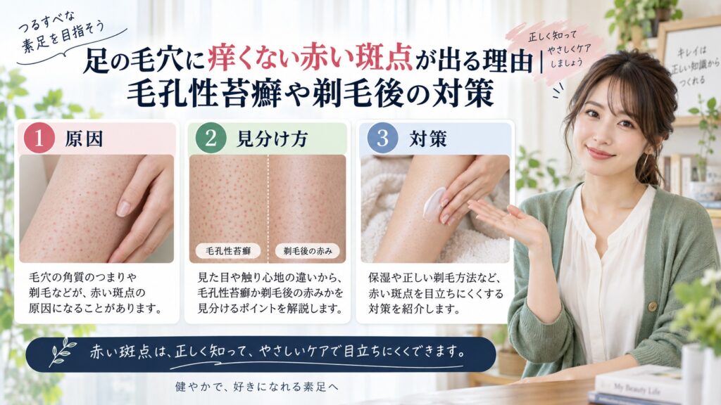 足の毛穴に痒くない赤い斑点が出る理由｜毛孔性苔癬や剃毛後の対策を3ステップで解説するアイキャッチ