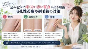足の毛穴に痒くない赤い斑点が出る理由｜毛孔性苔癬や剃毛後の対策を3ステップで解説するアイキャッチ