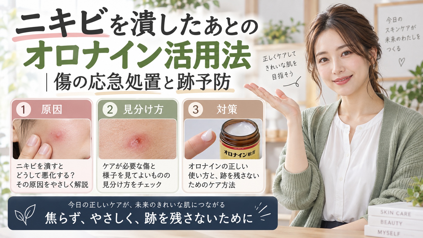ニキビを潰したあとのオロナイン活用法|傷の応急処置と跡予防を3ステップで解説するアイキャッチ