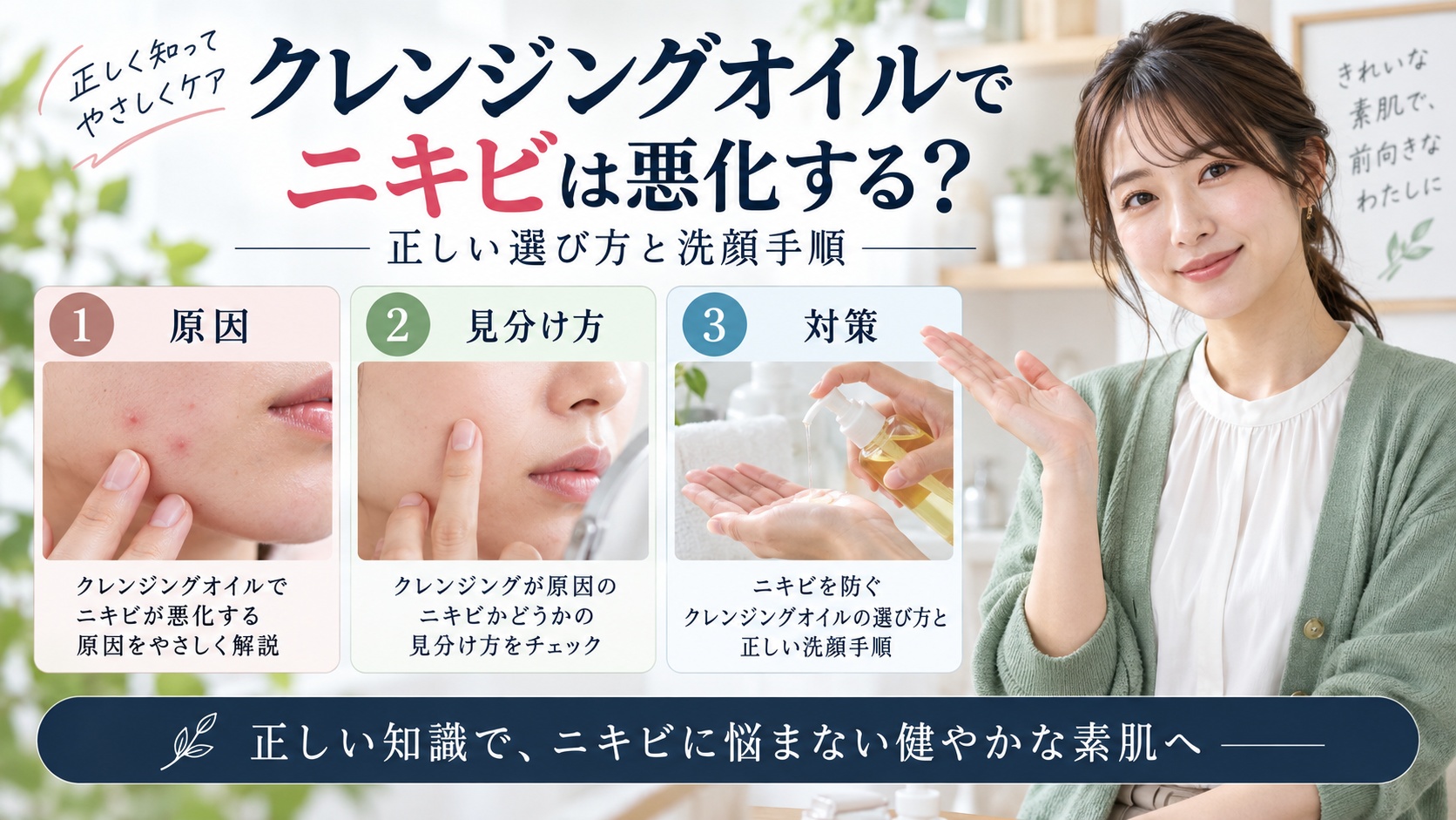 クレンジングオイルでニキビは悪化する？正しい選び方と洗顔手順を3ステップで解説するアイキャッチ