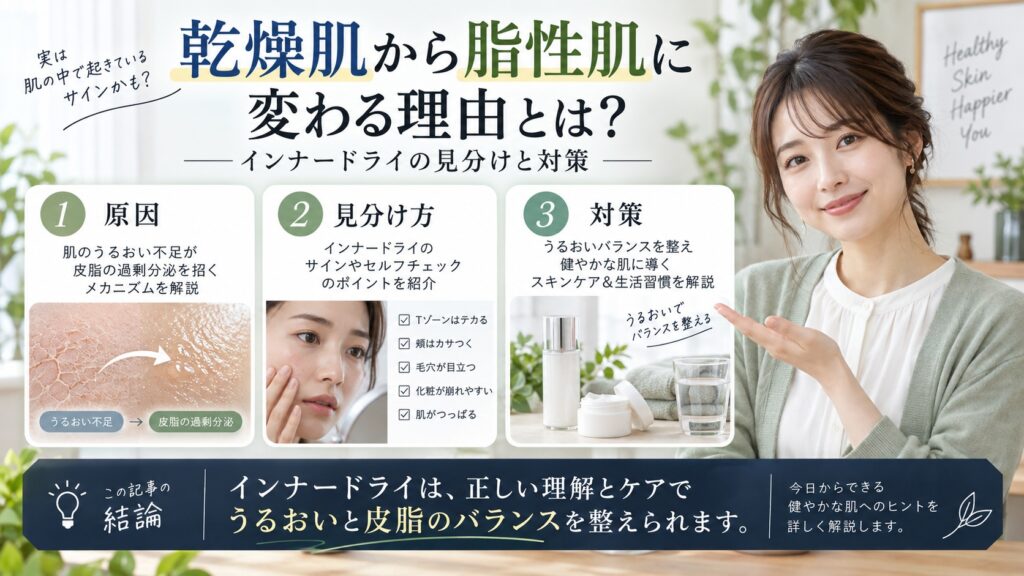 乾燥肌から脂性肌に変わる理由とは？インナードライの見分けと対策を3ステップで解説するアイキャッチ