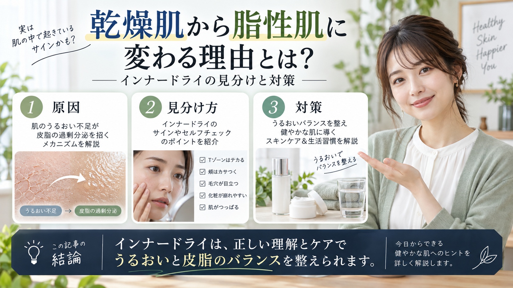 乾燥肌から脂性肌に変わる理由とは？インナードライの見分けと対策を3ステップで解説するアイキャッチ