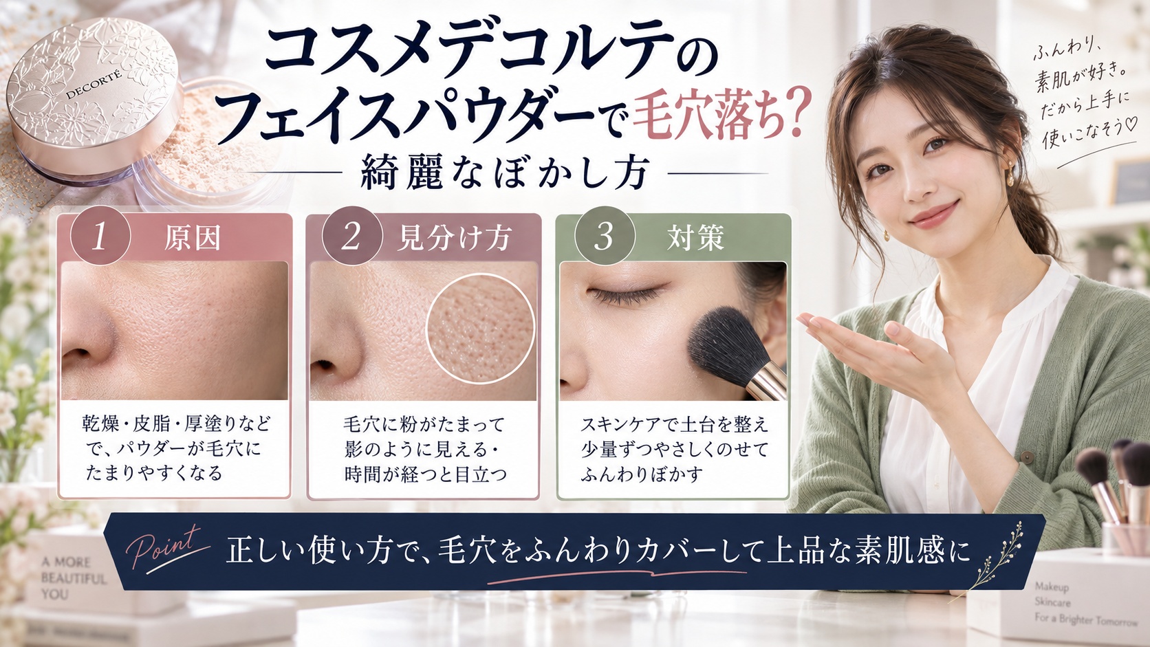コスメデコルテのフェイスパウダーで毛穴落ち？綺麗なぼかし方を3ステップで解説するアイキャッチ