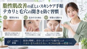 脂性肌改善の正しいスキンケア手順｜テカリと毛穴の開きを防ぐ習慣を3ステップで解説するアイキャッチ
