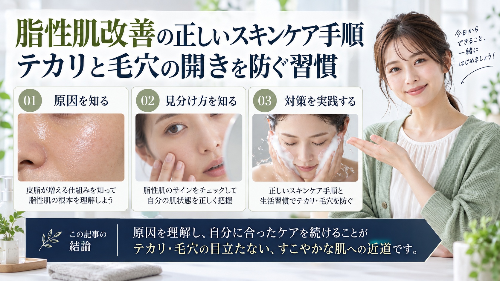 脂性肌改善の正しいスキンケア手順｜テカリと毛穴の開きを防ぐ習慣を3ステップで解説するアイキャッチ