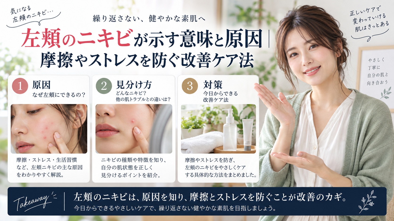 左頬のニキビが示す意味と原因|摩擦やストレスを防ぐ改善ケア法を3ステップで解説するアイキャッチ