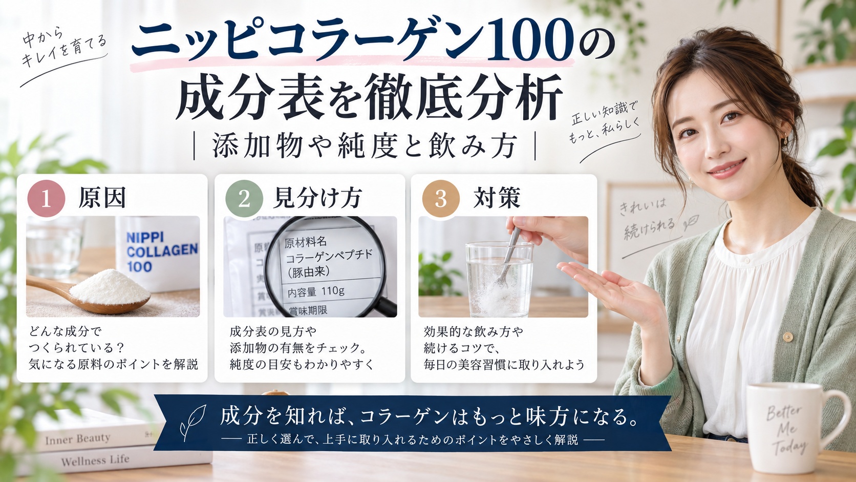 ニッピコラーゲン100の成分表を徹底分析|添加物や純度と飲み方を3ステップで解説するアイキャッチ