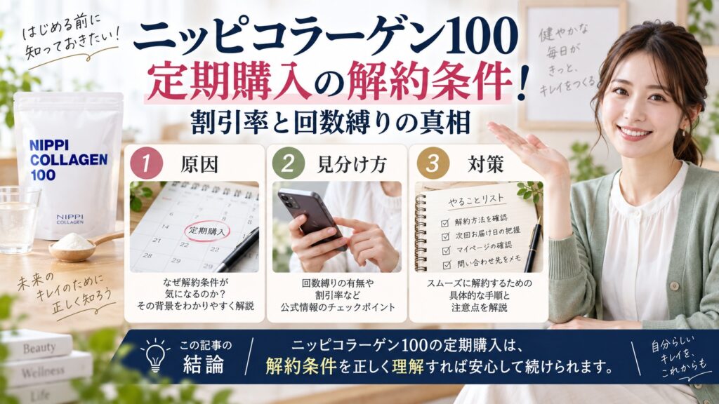 ニッピコラーゲン100定期購入の解約条件！割引率と回数縛りの真相を3ステップで解説するアイキャッチ