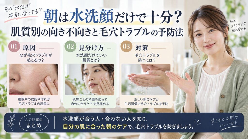 朝は水洗顔だけで十分？肌質別の向き不向きと毛穴トラブルの予防法を3ステップで解説するアイキャッチ