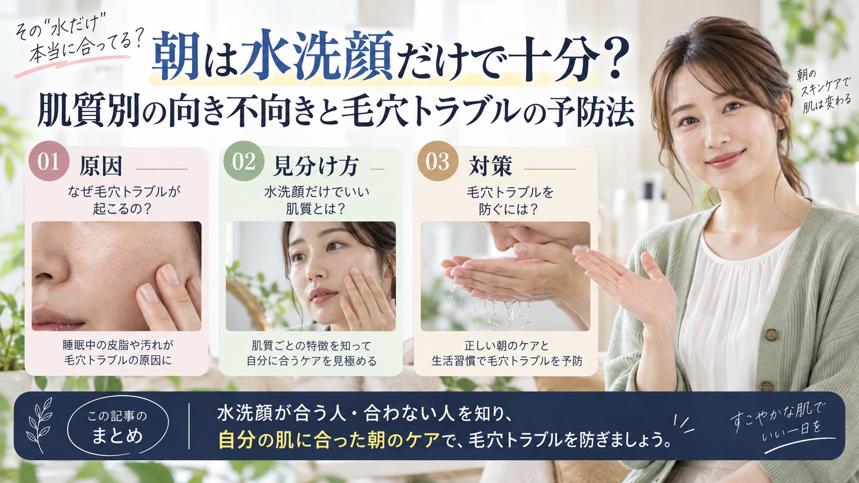 朝は水洗顔だけで十分?肌質別の向き不向きと毛穴トラブルの予防法を3ステップで解説するアイキャッチ