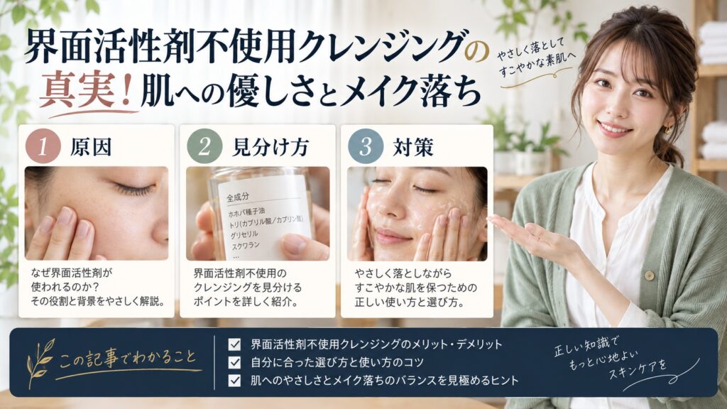 界面活性剤不使用クレンジングの真実！肌への優しさとメイク落ちを3ステップで解説するアイキャッチ