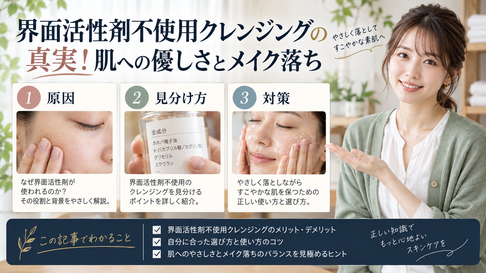 界面活性剤不使用クレンジングの真実!肌への優しさとメイク落ちを3ステップで解説するアイキャッチ