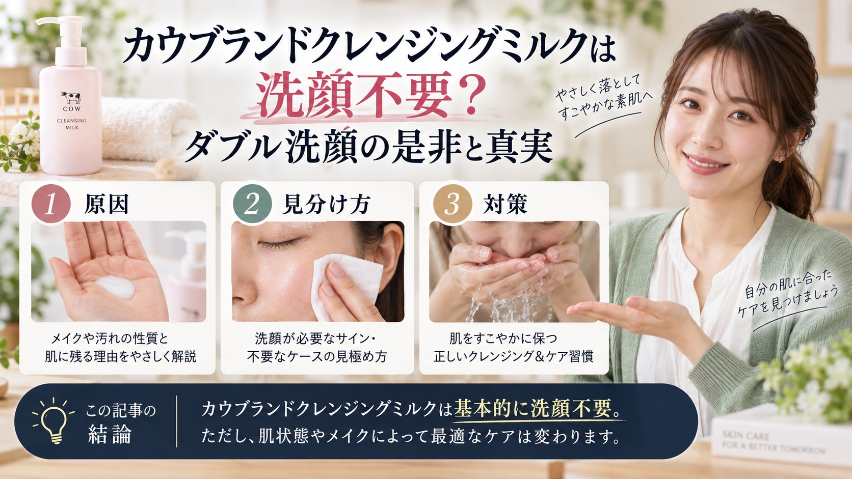 カウブランドクレンジングミルクは洗顔不要？ダブル洗顔の是非と真実を3ステップで解説するアイキャッチ