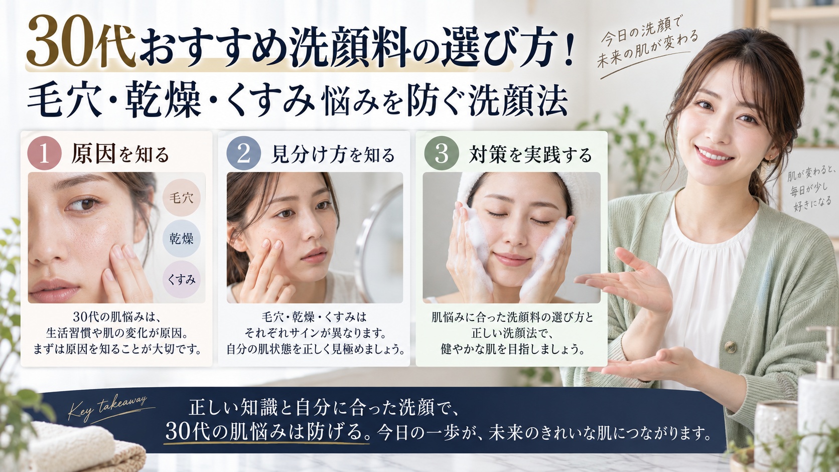 30代おすすめ洗顔料の選び方！毛穴・乾燥・くすみ悩みを防ぐ洗顔法を3ステップで解説するアイキャッチ