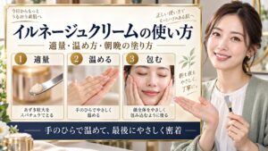メナードイルネージュクリームの使い方を3ステップで示すアイキャッチ